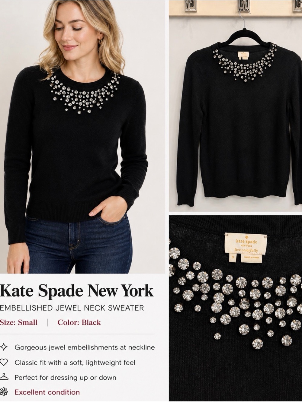 kate spade black jeweled crewneck sweater